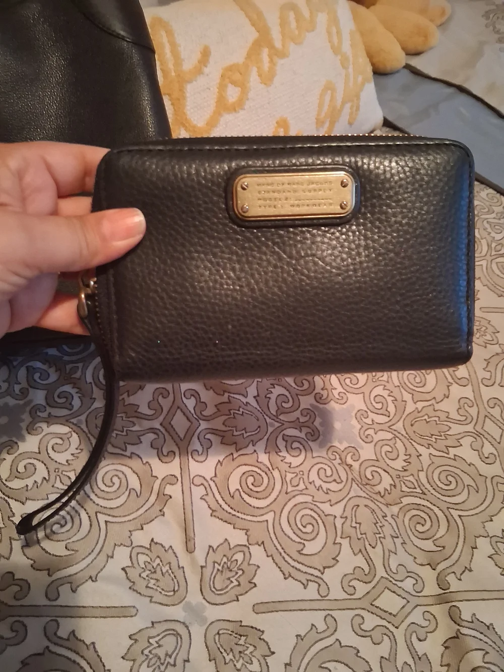 Marc by Marc Jacobs Black Pebbled Leather Wristlet with Gold Plaque
